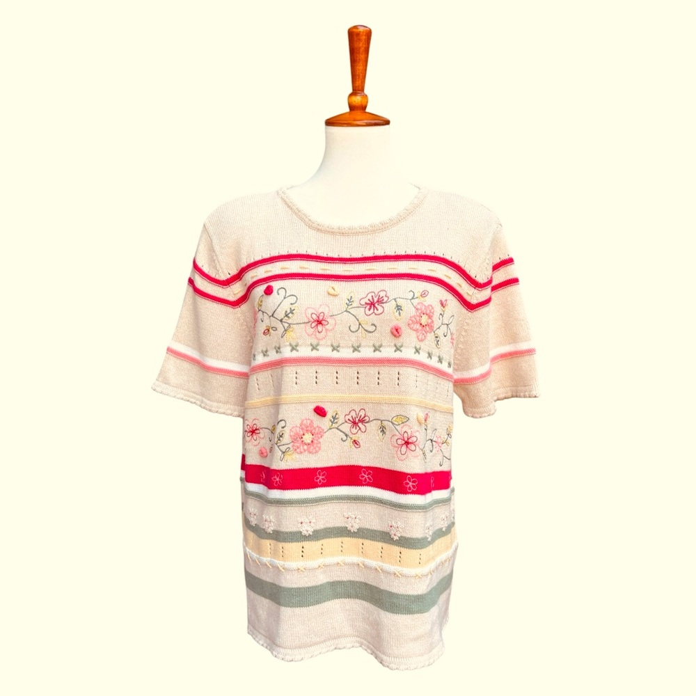 Vintage Alfred Dunner Women’s L Short Sleeve Floral Embroidered Striped Sweater